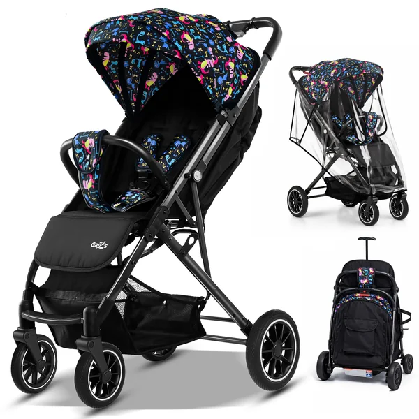 FK Sports Baby Pushchair Stroller from Birth to 3 Years Lightweight Foldable Travel Buggy with 5-Point Harness, Adjustable Seat and Oversized Basket with Cup Holder Smooth Swivel Wheels (Cartoon)