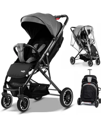 FK Sports Baby Pushchair Stroller from Birth to 3 Years Lightweight Foldable Travel Buggy with 5-Point Harness, Adjustable Seat and Oversized Basket with Cup Holder Smooth Swivel Wheels Grey