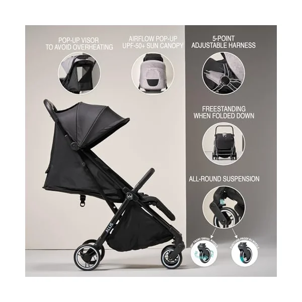 Flick Auto-Fold Stroller, Lightweight Pushchair from Birth to 4 Years 22kg | Auto Fold Lightweight Pushchair with Lie Flat Seat, UPF 50+ Canopy, 5-point Harness and Puncture-proof Wheels, Black