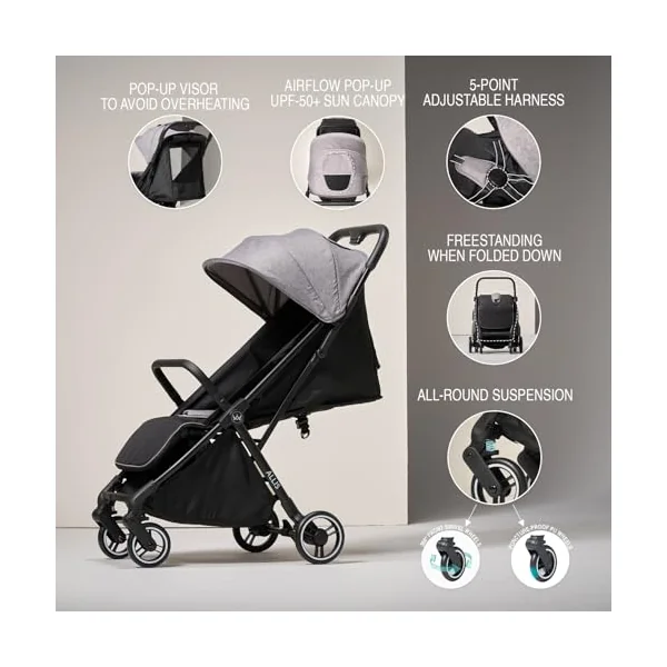 Flick Auto-Fold Stroller with Footmuff & Raincover, Grey | From Birth to 4 Years (22kg), Lightweight Stroller, Compact Pushchair, Reclining Seat, 5-point Harness, Puncture-proof Wheels
