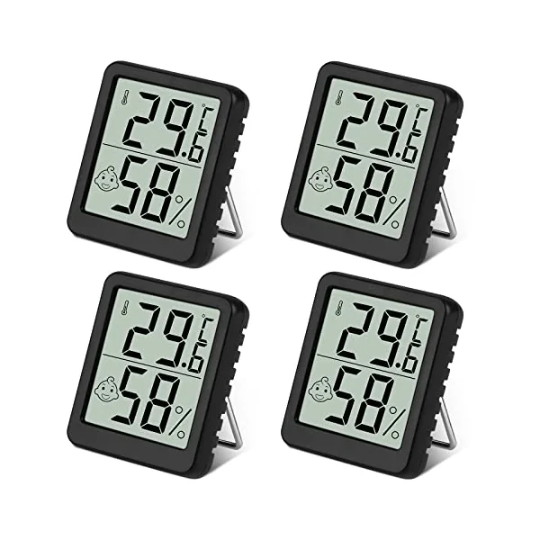 Flintronic Thermometer Hygrometer, 4PCS Digital Mini Thermometer and Hygrometer with Metal Stand, Thermohygrometer with Smile Face Indicating Data for Indoor, Living Room, Baby Room, Office (Black)