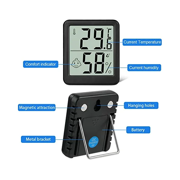 Flintronic Thermometer Hygrometer, 4PCS Digital Mini Thermometer and Hygrometer with Metal Stand, Thermohygrometer with Smile Face Indicating Data for Indoor, Living Room, Baby Room, Office (Black)
