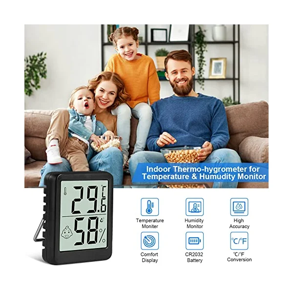 Flintronic Thermometer Hygrometer, 4PCS Digital Mini Thermometer and Hygrometer with Metal Stand, Thermohygrometer with Smile Face Indicating Data for Indoor, Living Room, Baby Room, Office (Black)