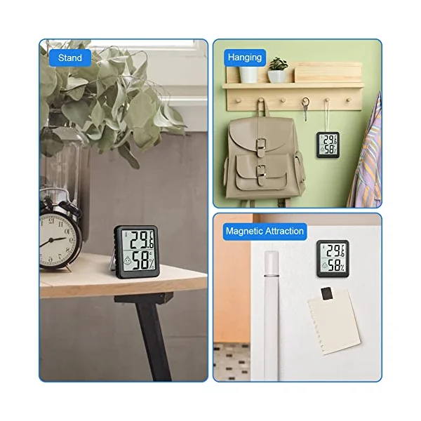 Flintronic Thermometer Hygrometer, 4PCS Digital Mini Thermometer and Hygrometer with Metal Stand, Thermohygrometer with Smile Face Indicating Data for Indoor, Living Room, Baby Room, Office (Black)