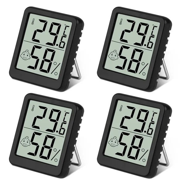 Flintronic Thermometer Hygrometer, 4PCS Digital Mini Thermometer and Hygrometer with Metal Stand, Thermohygrometer with Smile Face Indicating Data for Indoor, Living Room, Baby Room, Office (Black)
