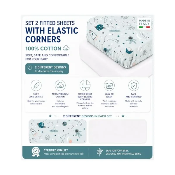 Flyideas 2-Piece Bedding Set for Kids and Junior Beds – 2 Cotton Fitted Sheets, 160x80 cm – Hypoallergenic, Soft, Breathable Toddler Bed Sheets