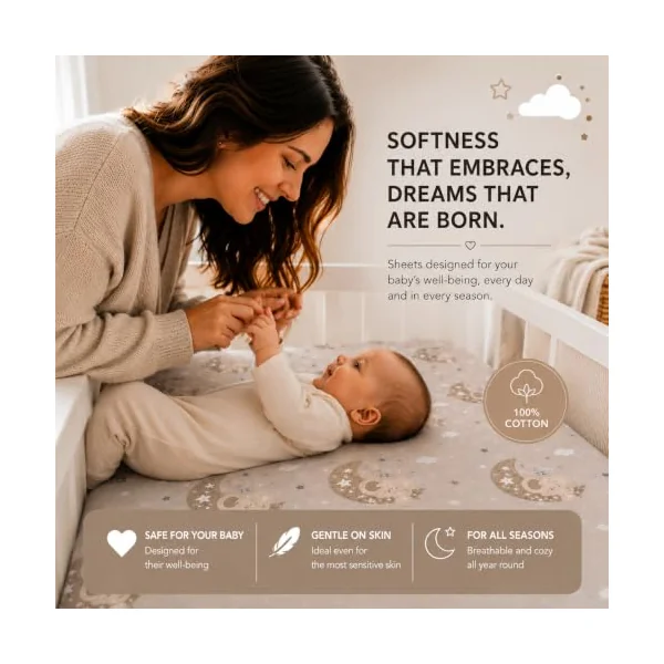 FlyIdeas Set of 2 Fitted Sheets for Next to Me Crib 50 x 83 cm - 100% Cotton Soft and Breathable - Suitable for Co-Sleeping Cribs (GoodNight Taupe, 83 x 50 cm)