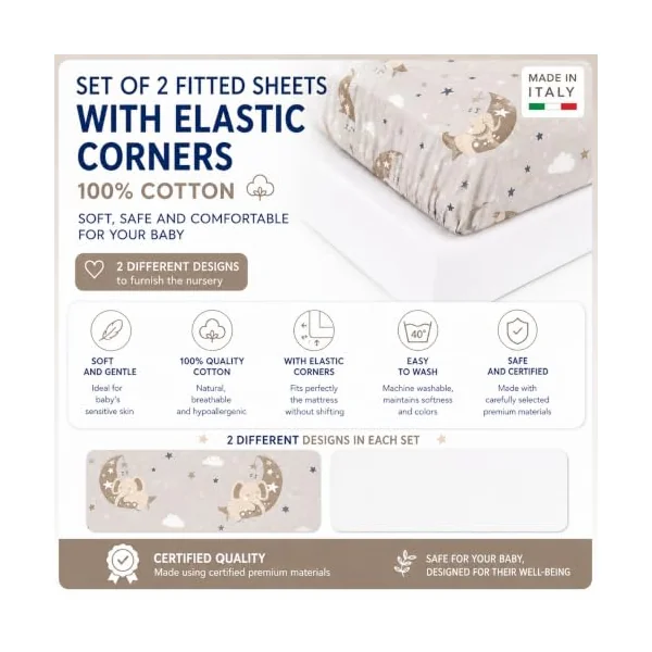 FlyIdeas Set of 2 Fitted Sheets for Next to Me Crib 50 x 83 cm - 100% Cotton Soft and Breathable - Suitable for Co-Sleeping Cribs (GoodNight Taupe, 83 x 50 cm)