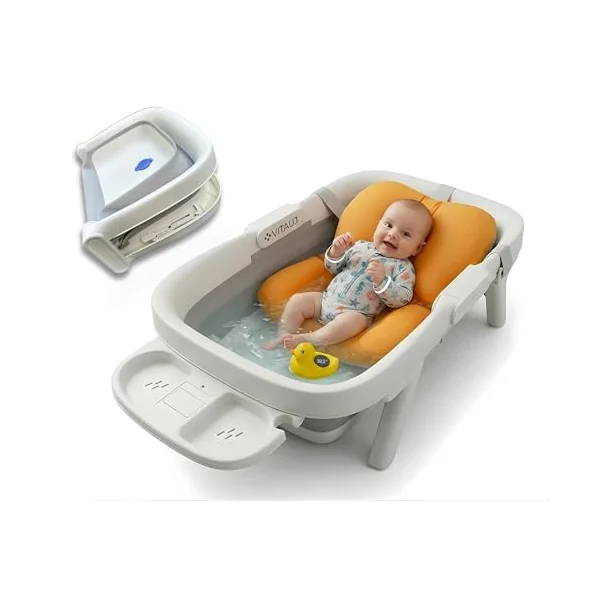 Foldable Baby Bath Tub – Compact 16cm Fold, 72cm Wide Bathing Area, 0-3 Years | Complete Set: Floating Cushion, Duck Thermometer Toy & Accessory Tray | BPA-Free, EU Certified