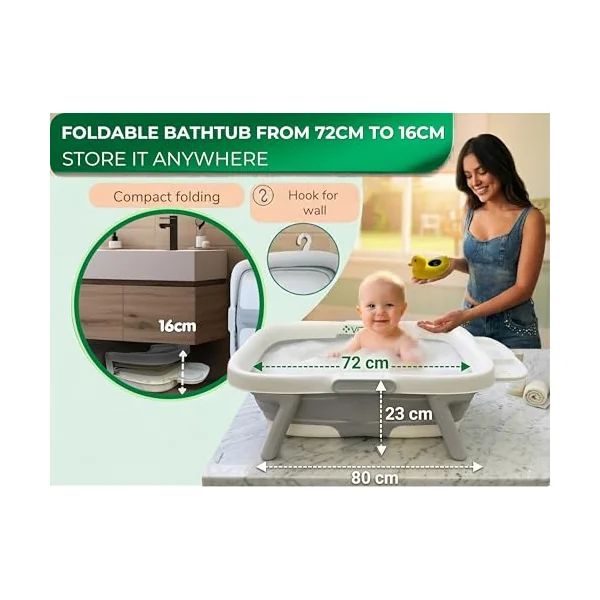Foldable Baby Bath Tub – Compact 16cm Fold, 72cm Wide Bathing Area, 0-3 Years | Complete Set: Floating Cushion, Duck Thermometer Toy & Accessory Tray | BPA-Free, EU Certified