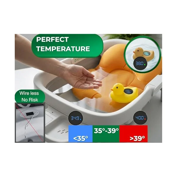 Foldable Baby Bath Tub – Compact 16cm Fold, 72cm Wide Bathing Area, 0-3 Years | Complete Set: Floating Cushion, Duck Thermometer Toy & Accessory Tray | BPA-Free, EU Certified
