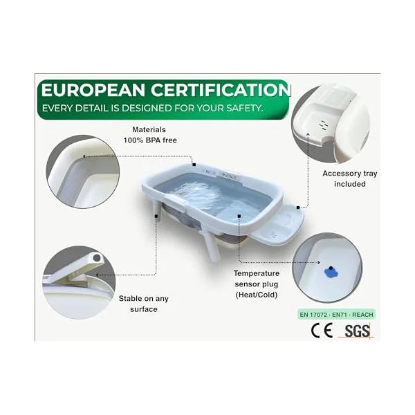 Foldable Baby Bath Tub – Compact 16cm Fold, 72cm Wide Bathing Area, 0-3 Years | Complete Set: Floating Cushion, Duck Thermometer Toy & Accessory Tray | BPA-Free, EU Certified