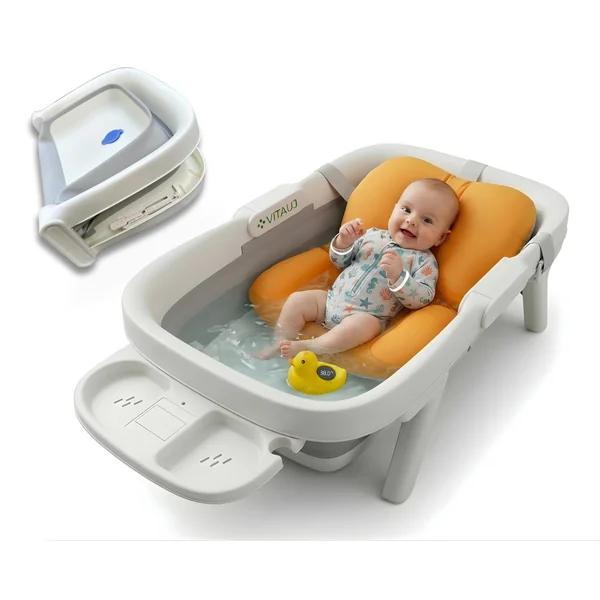 Foldable Baby Bath Tub – Compact 16cm Fold, 72cm Wide Bathing Area, 0-3 Years | Complete Set: Floating Cushion, Duck Thermometer Toy & Accessory Tray | BPA-Free, EU Certified