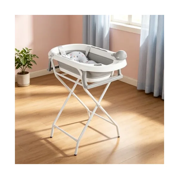 Foldable Baby Bath Tub with Stand, Non-Slip Feet, Temperature Sensor, Cushion Insert, Shower Cap, Bath Tub 82x42x22cm, Grey