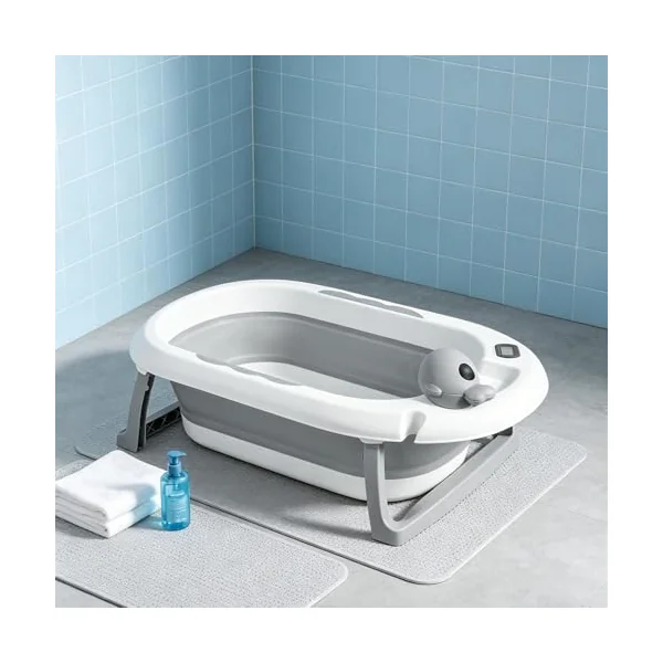 Foldable Baby Bath Tub with Stand, Non-Slip Feet, Temperature Sensor, Cushion Insert, Shower Cap, Bath Tub 82x42x22cm, Grey