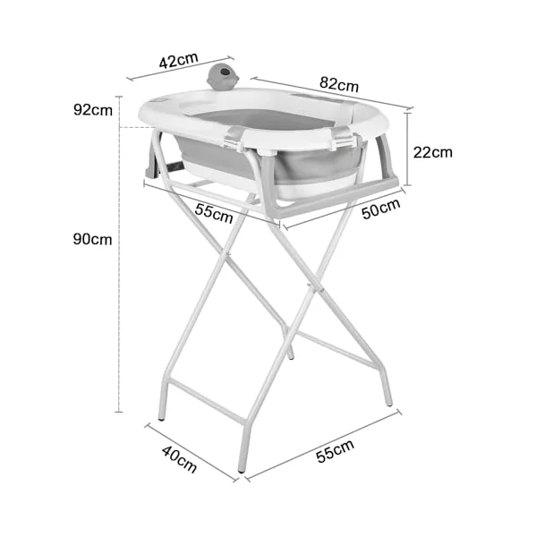 Foldable Baby Bath Tub with Stand, Non-Slip Feet, Temperature Sensor, Cushion Insert, Shower Cap, Bath Tub 82x42x22cm, Grey