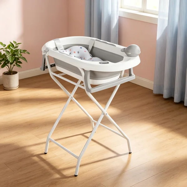 Foldable Baby Bath Tub with Stand, Non-Slip Feet, Temperature Sensor, Cushion Insert, Shower Cap, Bath Tub 82x42x22cm, Grey