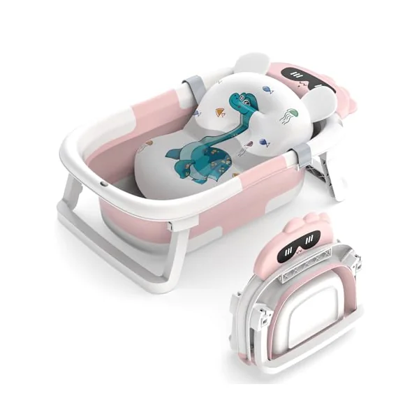 Foldable Baby Bath Tub,Baby Essentials for Newborn Bathtub with Non-Slip Support Cushion Travel Portable Collapsible Infant Bath for Newborns 0-24 Months Infants and Toddler(Pink)