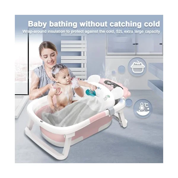 Foldable Baby Bath Tub,Baby Essentials for Newborn Bathtub with Non-Slip Support Cushion Travel Portable Collapsible Infant Bath for Newborns 0-24 Months Infants and Toddler(Pink)