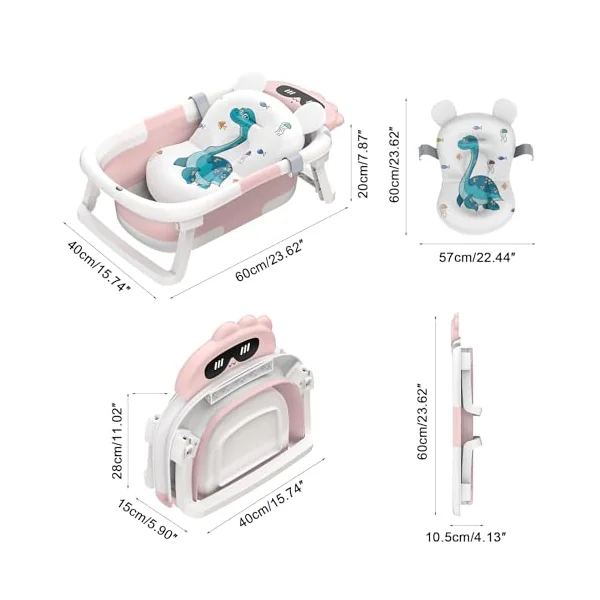 Foldable Baby Bath Tub,Baby Essentials for Newborn Bathtub with Non-Slip Support Cushion Travel Portable Collapsible Infant Bath for Newborns 0-24 Months Infants and Toddler(Pink)