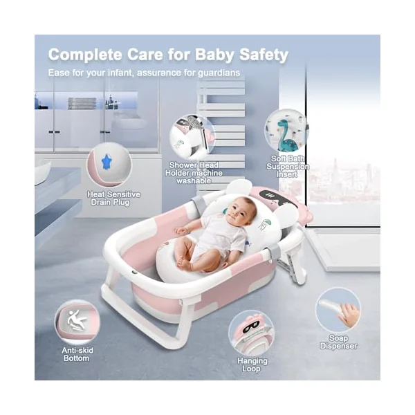 Foldable Baby Bath Tub,Baby Essentials for Newborn Bathtub with Non-Slip Support Cushion Travel Portable Collapsible Infant Bath for Newborns 0-24 Months Infants and Toddler(Pink)