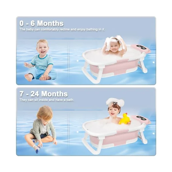 Foldable Baby Bath Tub,Baby Essentials for Newborn Bathtub with Non-Slip Support Cushion Travel Portable Collapsible Infant Bath for Newborns 0-24 Months Infants and Toddler(Pink)