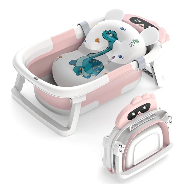 Foldable Baby Bath Tub,Baby Essentials for Newborn Bathtub with Non-Slip Support Cushion Travel Portable Collapsible Infant Bath for Newborns 0-24 Months Infants and Toddler(Pink)