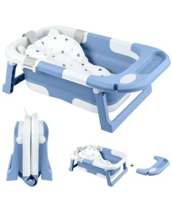 Foldable Baby Bathtub with Seat Support – Portable Collapsible Infant Bath Tub for Newborn to Toddler (0–36 Months), Non-Slip Safe Baby Bathing Tub (Blue)