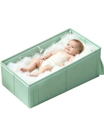 Foldable Bathtub with Support Cushion, 80x40x30cm Green Collapsible Bath Tub with Thermostatic Water Plug, Portable Non-Slip Ergonomic Baby Bathtub Toddler Bath with Cushion Pad for Newborn to 5 Years