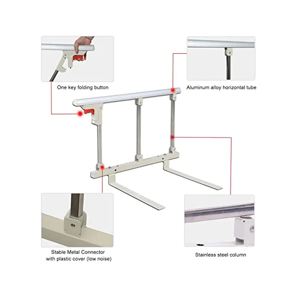 Foldable Bed Rail, Safety Side Assist Handrails for Seniors, Portable Side Metal Handle Bumper, Fall Protection Bed Barrier for Toddler Adults Home Hospital Use