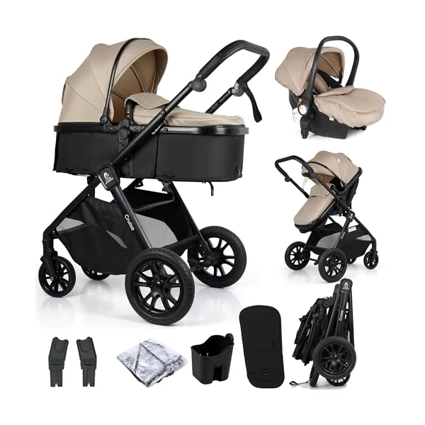 For Your Little One Cruise 3-in-1 Travel System with i-Size Car Seat, Stroller, 13kg Pram, Height Adjustable Handle, Pram, Newborn 0-4 Years Free Raincover and Cupholder (Dune Beige)