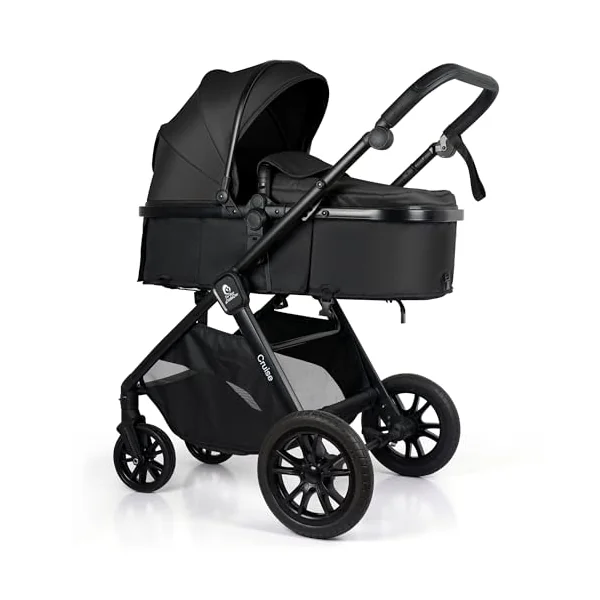For Your Little One Cruise 3-in-1 Travel System with i-Size Car Seat, Stroller, 13kg Pram, Height Adjustable Handle, Pram, Newborn 0-4 Years Free Raincover and Cupholder (Eclipse Black)