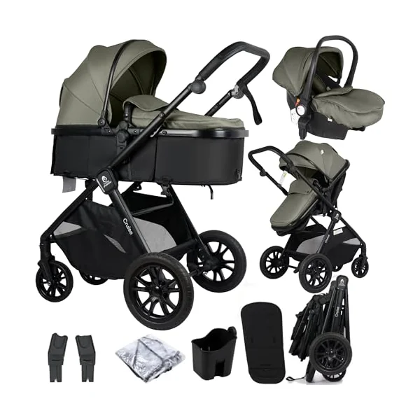 For Your Little One Cruise 3-in-1 Travel System with i-Size Car Seat, Stroller, 13kg Pram, Height Adjustable Handle, Pram, Newborn 0-4 Years Free Raincover and Cupholder (Pebble Sage)