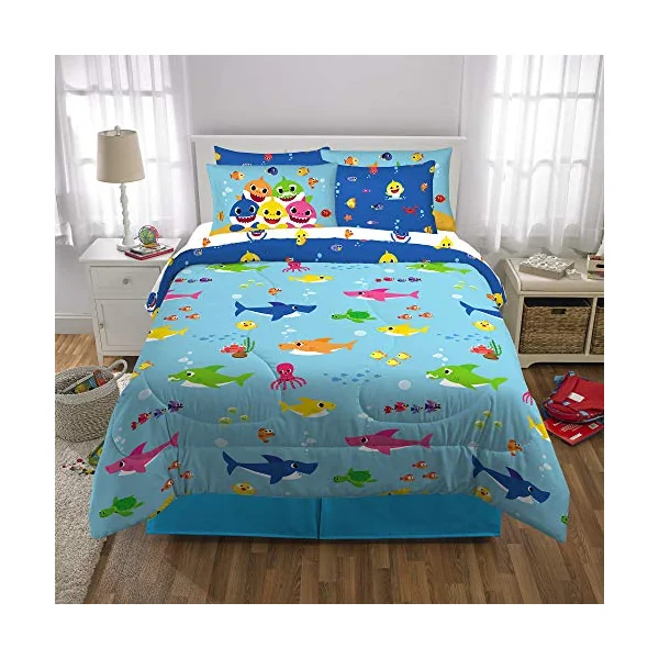 Franco Duvet and Sheet Set with Sham, microfiber, Baby Shark, 7 Piece Full Size