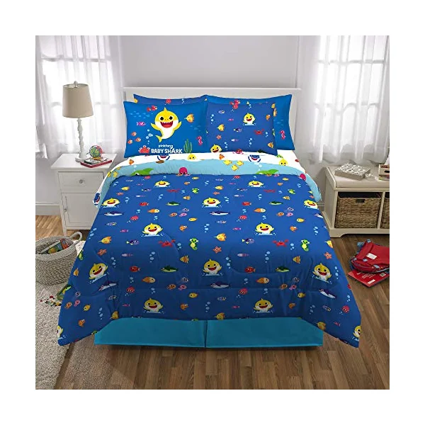 Franco Duvet and Sheet Set with Sham, microfiber, Baby Shark, 7 Piece Full Size