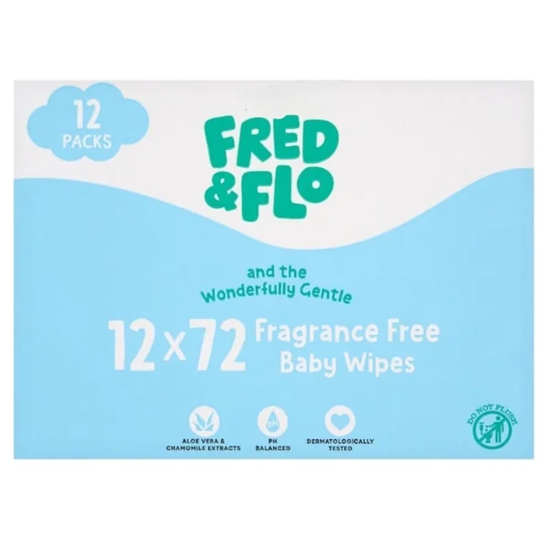 Fred & Flo Biodegradable Fragrance Free Baby Wipes, 72 Wipes per Pack, 12 Pack, Plant Based Fibres (Total 864 Count)