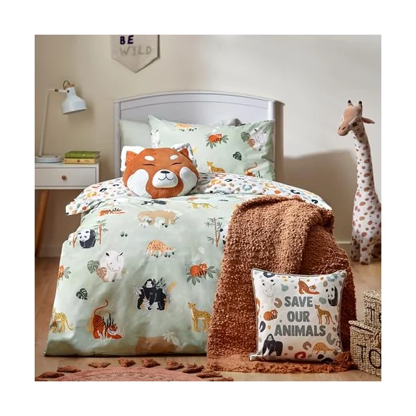 furn. Safari Animals Duvet Cover Set – Reversible Wildlife Jungle Easy Care Childrens Bedding (Multi/Green – Toddler – 120x150cm)