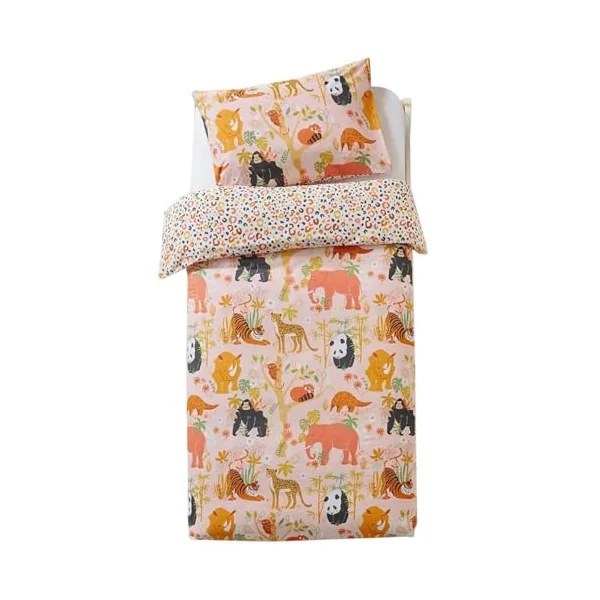furn. Safari Animals Duvet Cover Set – Reversible Wildlife Jungle Easy Care Childrens Bedding (Multi/Green – Toddler – 120x150cm)