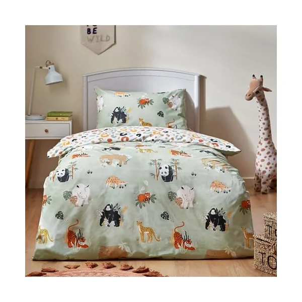 furn. Safari Animals Duvet Cover Set – Reversible Wildlife Jungle Easy Care Childrens Bedding (Multi/Green – Toddler – 120x150cm)