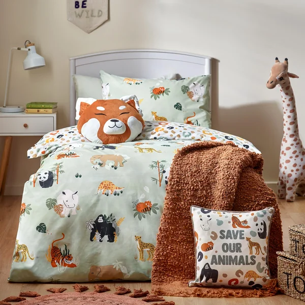 furn. Safari Animals Duvet Cover Set – Reversible Wildlife Jungle Easy Care Childrens Bedding (Multi/Green – Toddler – 120x150cm)