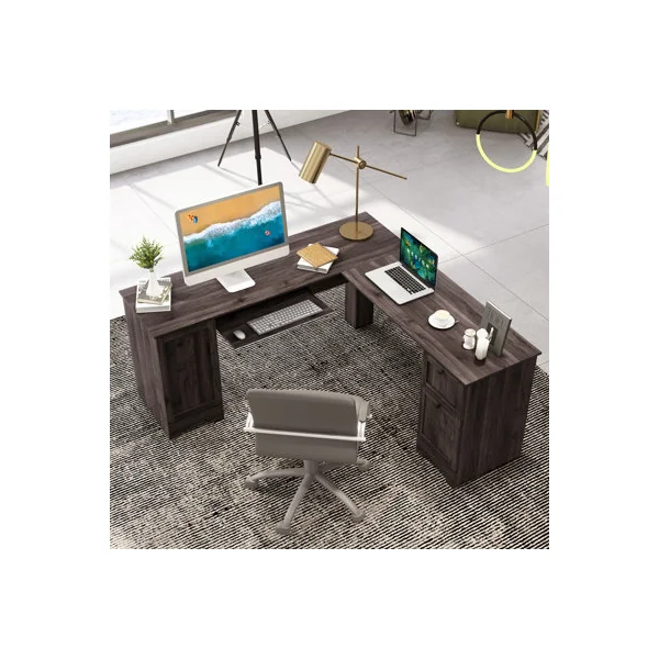GAINOOM Black L-Shaped Desk Home Office Workstation Corner Computer Desk w/ Adjustable Shelf