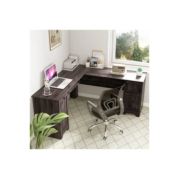 GAINOOM Black L-Shaped Desk Home Office Workstation Corner Computer Desk w/ Adjustable Shelf