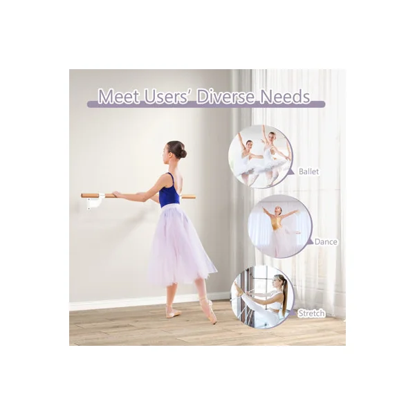 GAINOOM Wall-Mounted White Ballet Barre 4 FT Single Ballet Bar Beech Wood Ballet Equipment