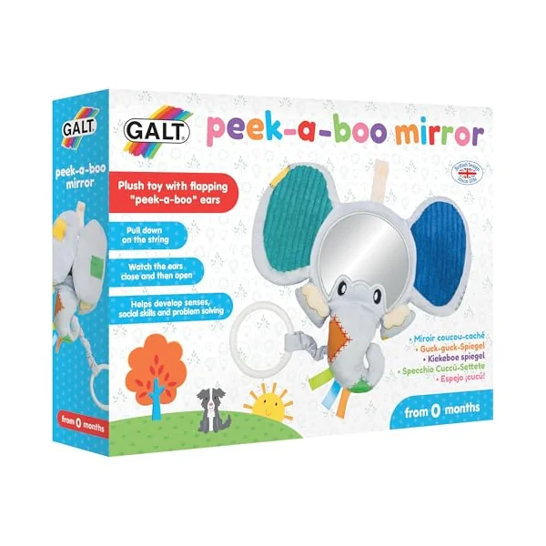 Galt Peekaboo Baby Mirror, Cause & Effect Elephant Sensory Toy for Newborns | Tummy Time Floor Activity - Explore Textures and Motor Skills with Pull Handle & Cute Crackle Ears - For Age 0 Months +