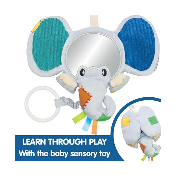 Galt Peekaboo Baby Mirror, Cause & Effect Elephant Sensory Toy for Newborns | Tummy Time Floor Activity - Explore Textures and Motor Skills with Pull Handle & Cute Crackle Ears - For Age 0 Months +