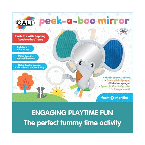 Galt Peekaboo Baby Mirror, Cause & Effect Elephant Sensory Toy for Newborns | Tummy Time Floor Activity - Explore Textures and Motor Skills with Pull Handle & Cute Crackle Ears - For Age 0 Months +