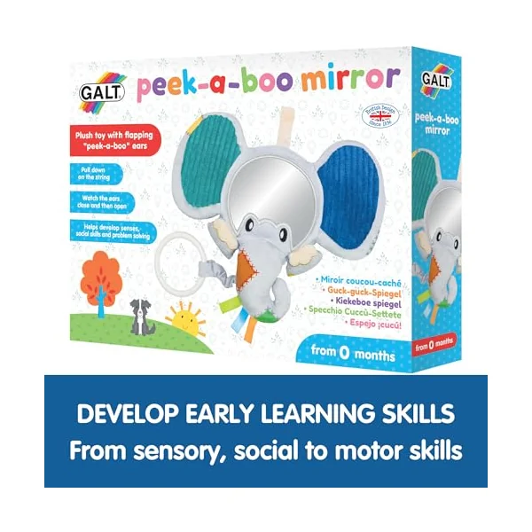 Galt Peekaboo Baby Mirror, Cause & Effect Elephant Sensory Toy for Newborns | Tummy Time Floor Activity - Explore Textures and Motor Skills with Pull Handle & Cute Crackle Ears - For Age 0 Months +