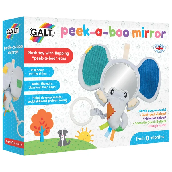 Galt Peekaboo Baby Mirror, Cause & Effect Elephant Sensory Toy for Newborns | Tummy Time Floor Activity - Explore Textures and Motor Skills with Pull Handle & Cute Crackle Ears - For Age 0 Months +