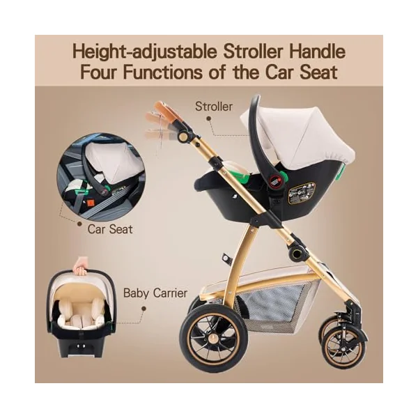 Gcarebb 3 in 1 Prams Travel System, Pushchair with Height Adjustable Handle, Travel Pram with Mosquito Net, Baby Stroller with Aluminum Frame for Newborn 0-4 Years