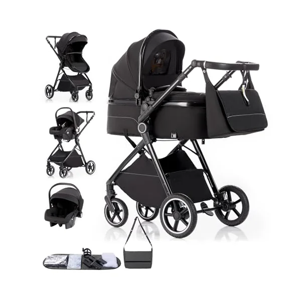 Gcarebb 3 in 1 Prams Travel System, Pushchair with Height Adjustable Handle, Travel Pram with Rain Cover, Baby Stroller with Aluminum Frame for Newborn